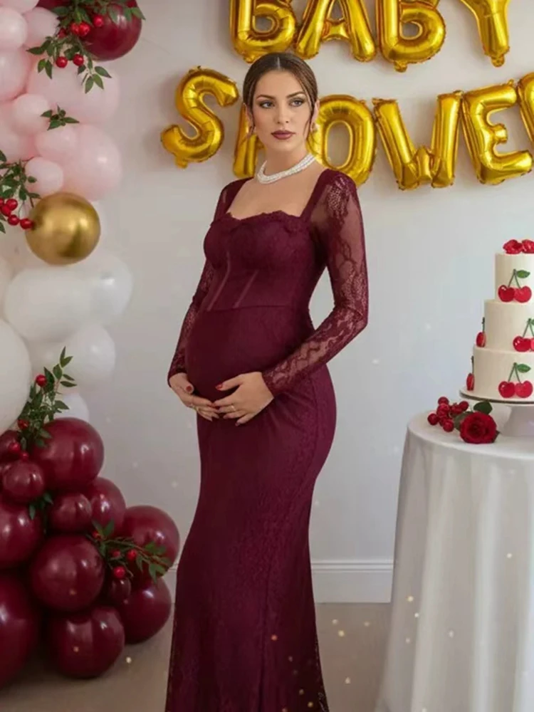 Vestido de encaje para sesión de fotos de maternidad, vestido largo transparente de manga larga, traje elegante para embarazo, ropa para revelar el género para Baby Shower
