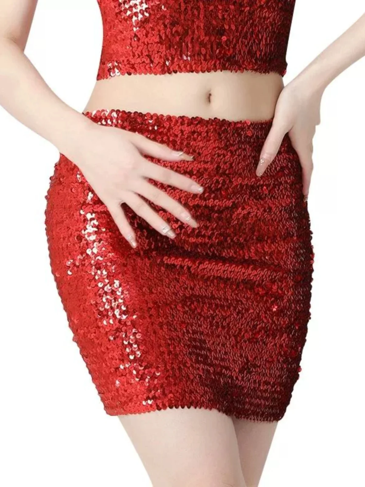 

Женская короткая облегающая юбка-карандаш с пайетками для выступлений, танцев и уличного стиля, с ярким блеском, средней посадкой на талии