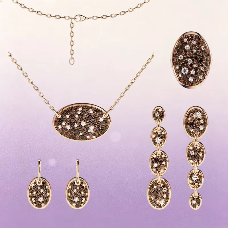 ZPPFF S925 Sterling Silver Chocolate Brown Oval Shape Earrings Ring Necklace Women Retro Classic Fashion Festival Luxury Jewelry