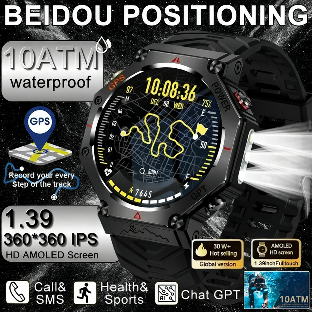 

2026 Smart Watch Men T-Rex 3 Bulit-in GPS Compass Altimeter Barometric 10ATM IP69K Waterproof AMOLED Bluetooth Call Smart watch