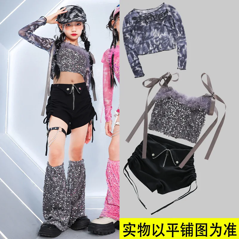 Mädchen K-pop Pailletten Crop Top Street Dance Shorts Kinder Hip Hop Jazz Hot Pants Kleidung Sets Kinder Streetwear Mädchen gruppe Kostüm