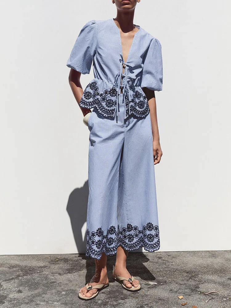 

High Waist Wide Leg Pants V Ne Top New Summer Collection Women's Clothing Ethnic Stage Costume T irt Long Pants