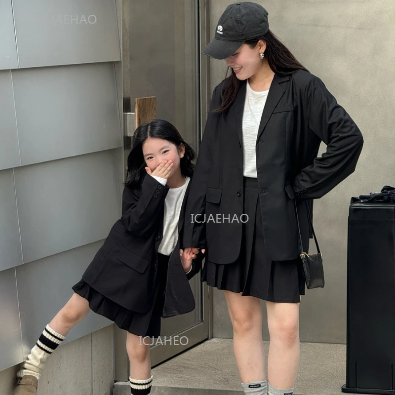 

Family Clothing Matching Mother Daughter Blazer Set Spring Loose Fit Academic Plaid Skirt Suit Autumn Mom and Girl Outfit Suits