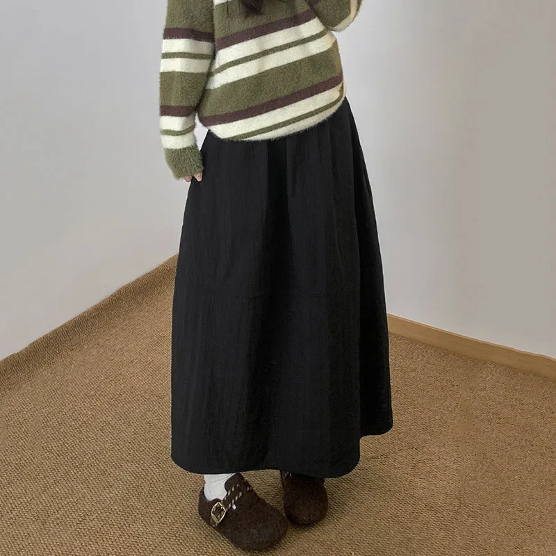 

Japanese Style Vintage Loose Long Skirts Female Spring Autumn Solid Color Pocket Flower Bud Skirt Harajuku High Waist Long Skirt