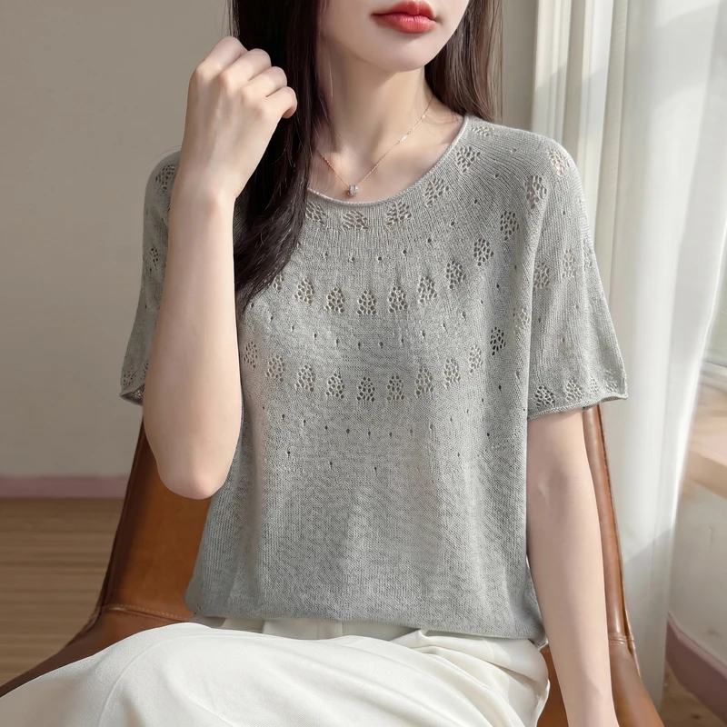 First-line ready-made linen knitted short-sleeved T-shirt female round neck hollowed out half sleeve hemming