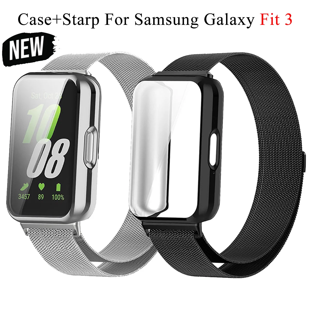 Para samsung galaxy fit 3 banda com starp magnético milanês tpu caso protetor de tela escudo substituição banda laço de aço inoxidável