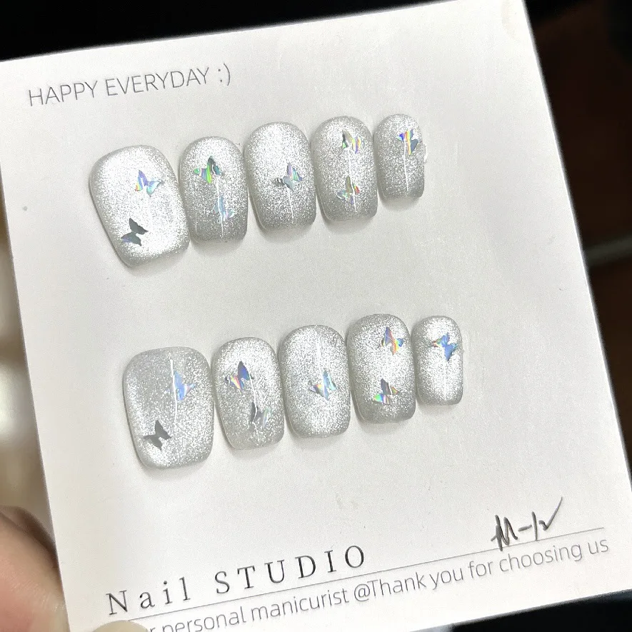 

10PCS Glitter Butterfly Short Coffin Handmade Press on Nails Simple White Cat Eye Fake Nails Artificial Wearable Manicure Tools