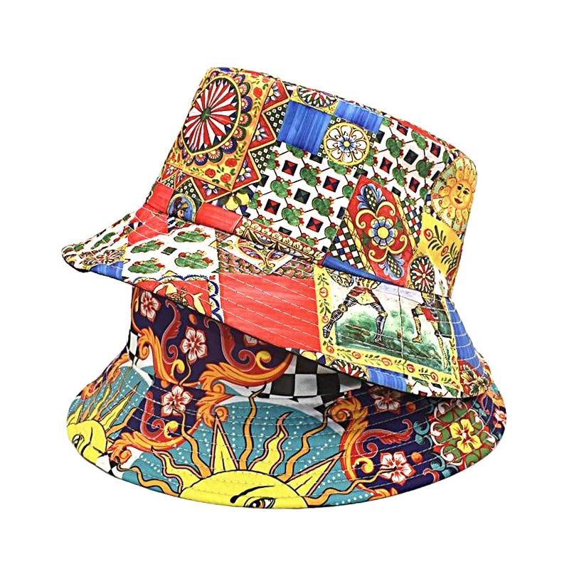 Bocca Sun Flower Printing Bucket Hat Bohemian Style Pattern Fisherman Hats Double Sides Panama Cap Unisex Summer Sun New Style