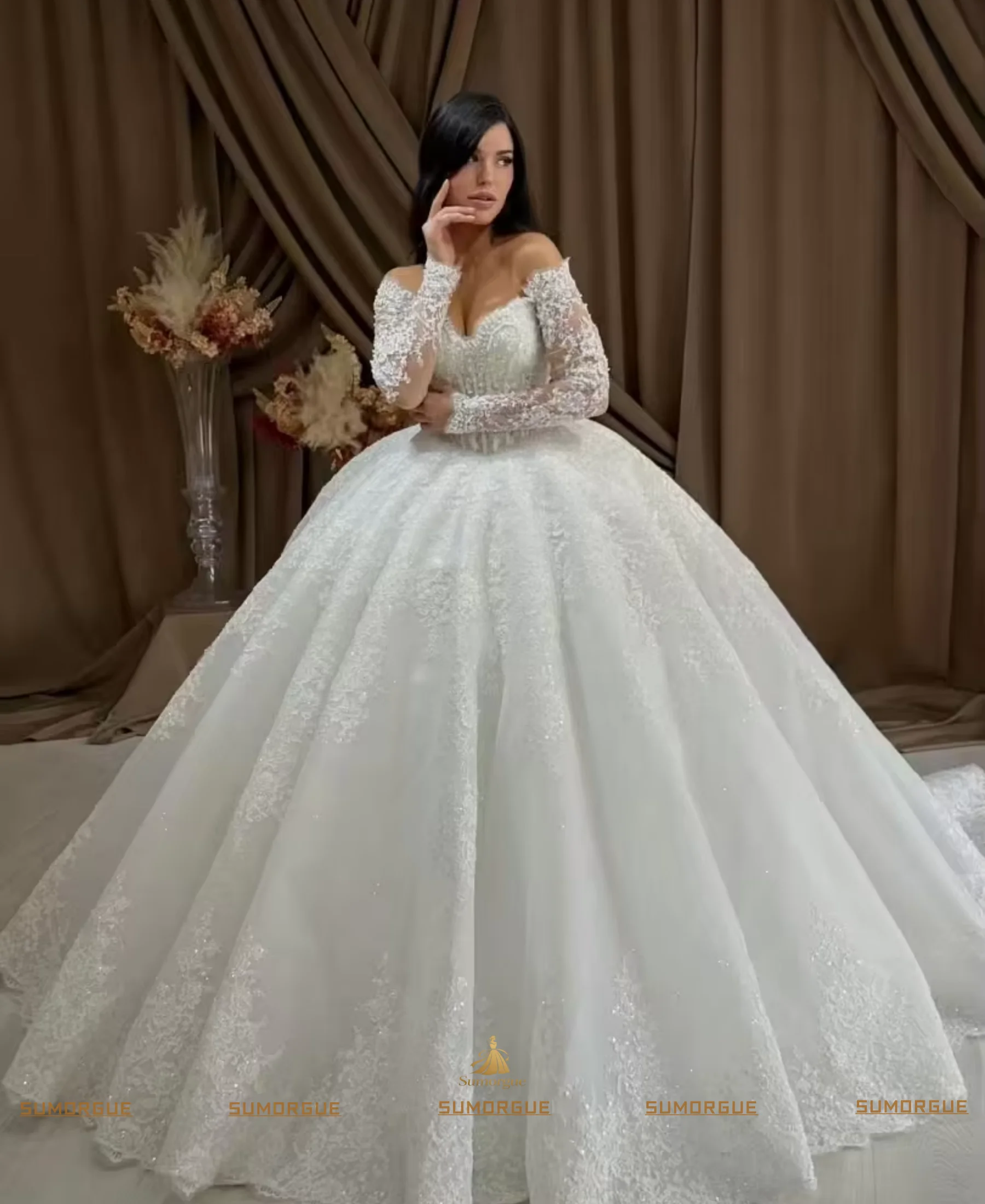 Lace Wedding Dress Off Shoulder V Neck Long Sleeves Bridal Gown Sparkly Princess with Train HIgh-end Customized Vestido De Novi