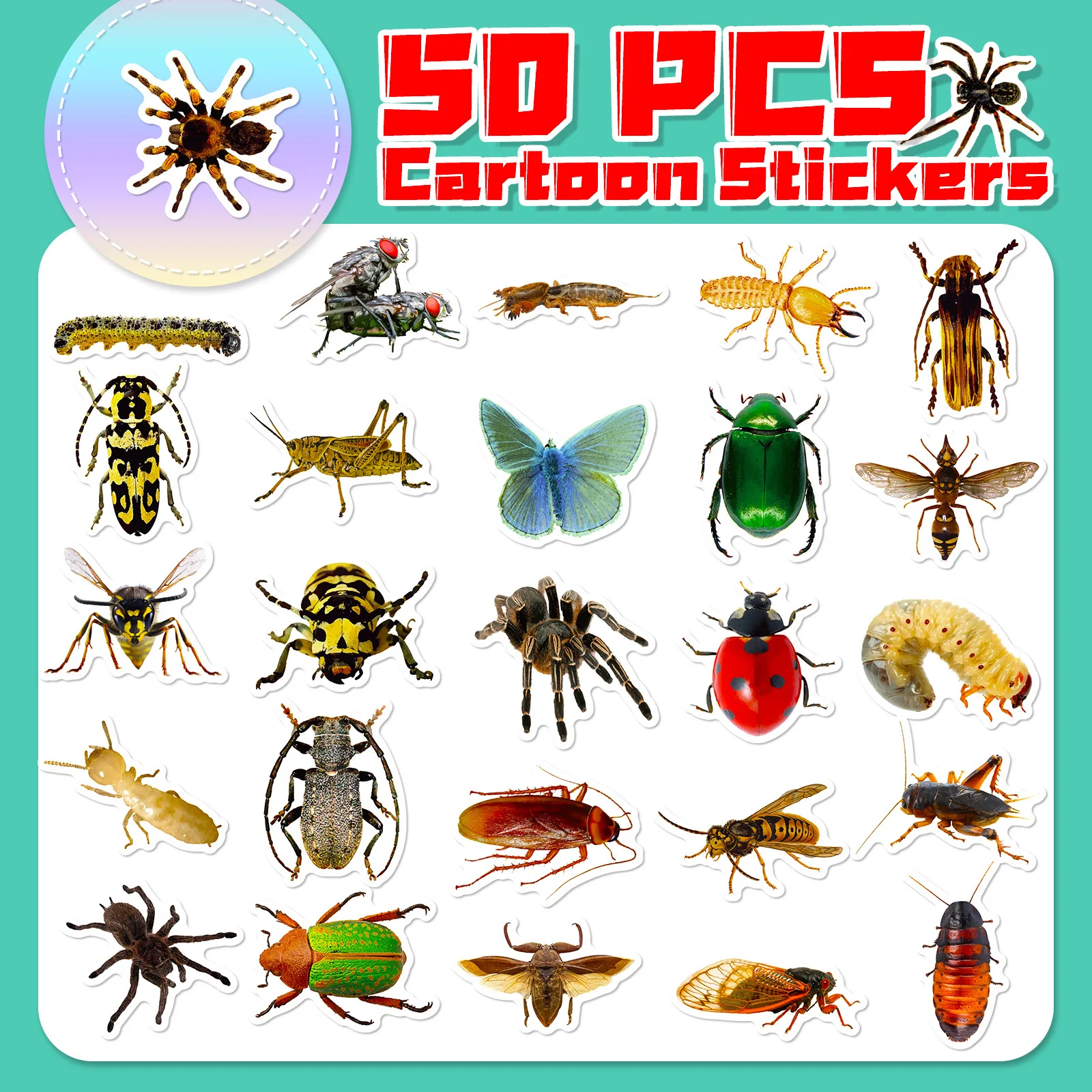 50pcs Realistic Insect Spider Lizard Realistic Insect Notepad Skateboard Luggage Waterproof Sticker