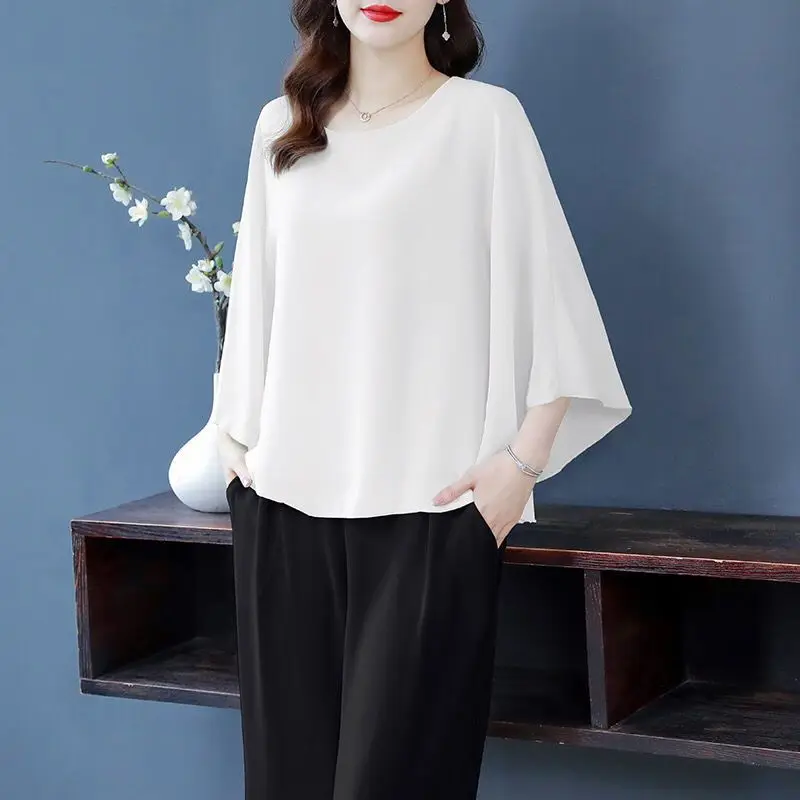 Net Yarn Solid Color Spring Simplicity Women Bat Sleeve Loose T-shirt 2024 Summer Large Size Elegant Chiffon All-match Tops