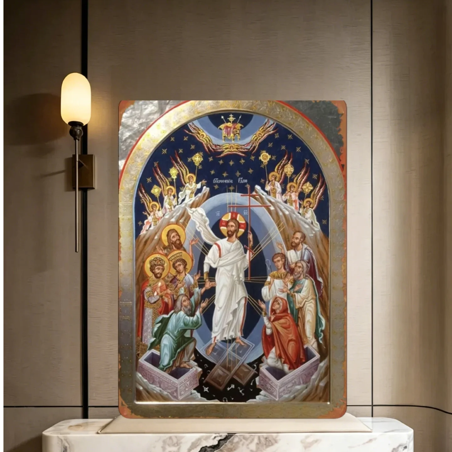 Plaque en métal 2D Résurrection du Christ, Anges entourant des saints, Art religieux pour la décoration murale de la maison, du café, du garage, de la ferme
