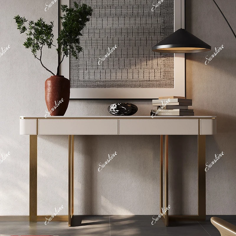 Italian-style entrance platform, modern simple and light luxury entrance hall partition, rock slab end view table, saddle skin
