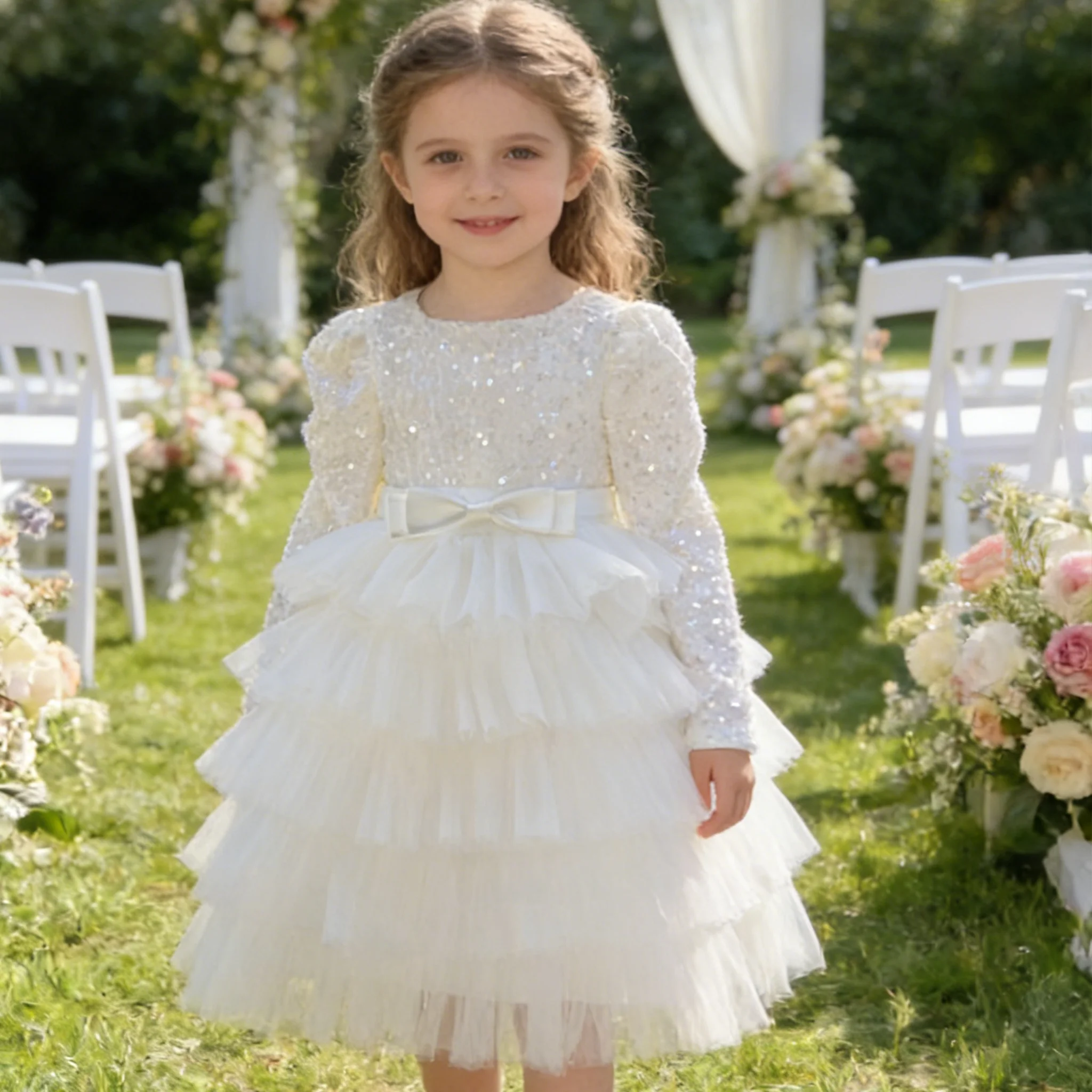 

Праздничное платье для девочки Платье принцессы с длинными рукавами Платье для крещения Свадебное платье для торта Элегантное платье для ребенка 4, 5, 6, 7, 8 лет