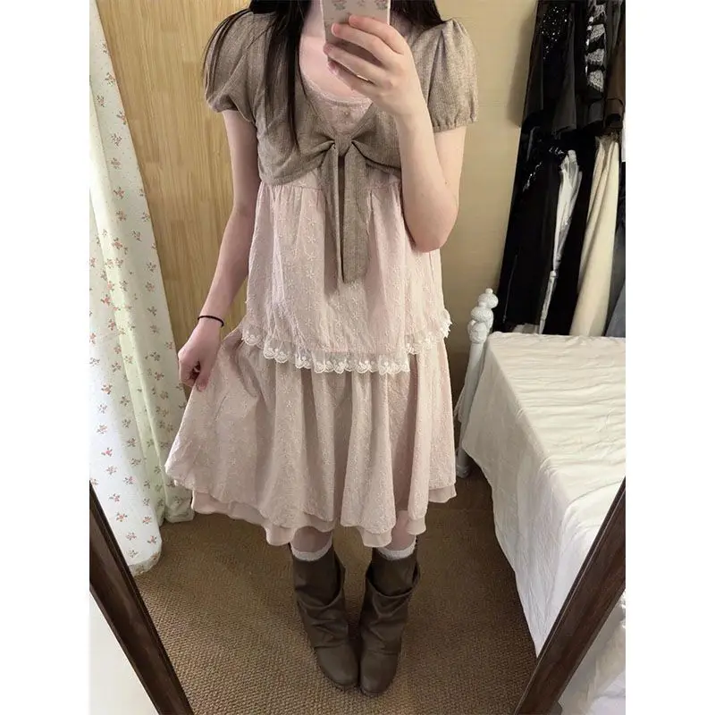 Retro 2000s Harajuku Lolita 2 Piece Set Casual Fake Two Tops High Waist Ruffled Skirt Women Sweet Girl Chic