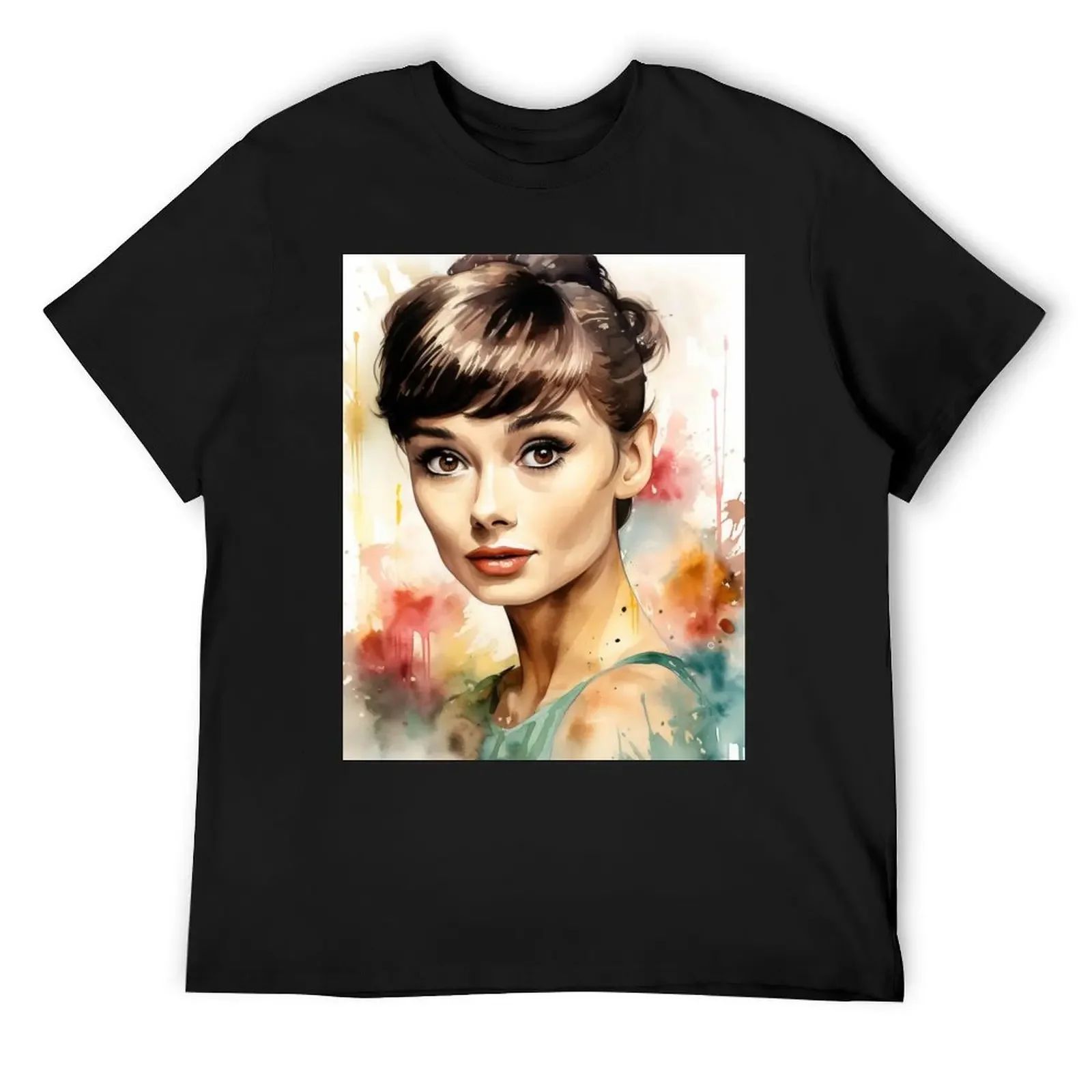 Audrey Hepburn Portrait - Watercolor - Digital Art T-Shirt custom shirt cute tops Blouse Aesthetic clothing mens tall t shirts