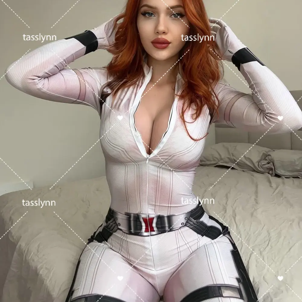 Cosplay de viúva preto e branco para mulheres, terno geek, bodysuit zentai sexy, adultos