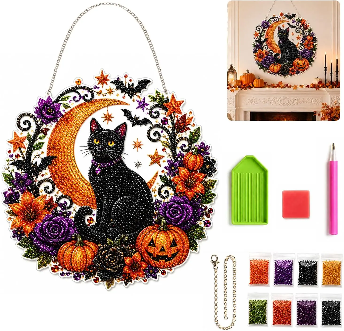 Halloween Pumpkins Diamond Art Hanging Ornament Kit for Adults 5D Black Cat Moon Pearl Art Kits DIY Special-Shaped Suncatcher Pe - view 2