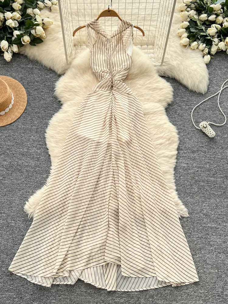 Ele taille haute a-ligne Dr femmes luxe Svel rayé asymétrique Dr coréen Sle été longue Dr