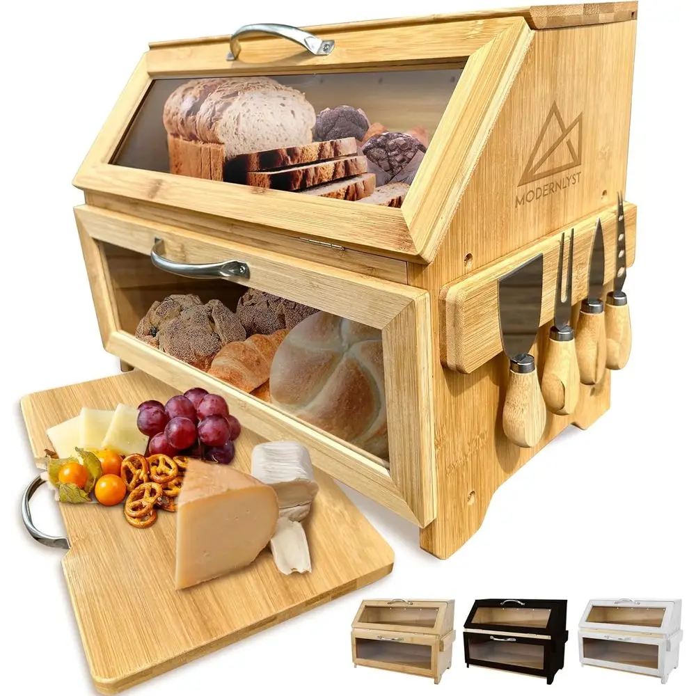

Extra Large Bread Box with Cutting Board & Knife Set | 7 Piece Set | Bamboo Breadbox | Bread Boxes or Kitchen Countertop | Bread
