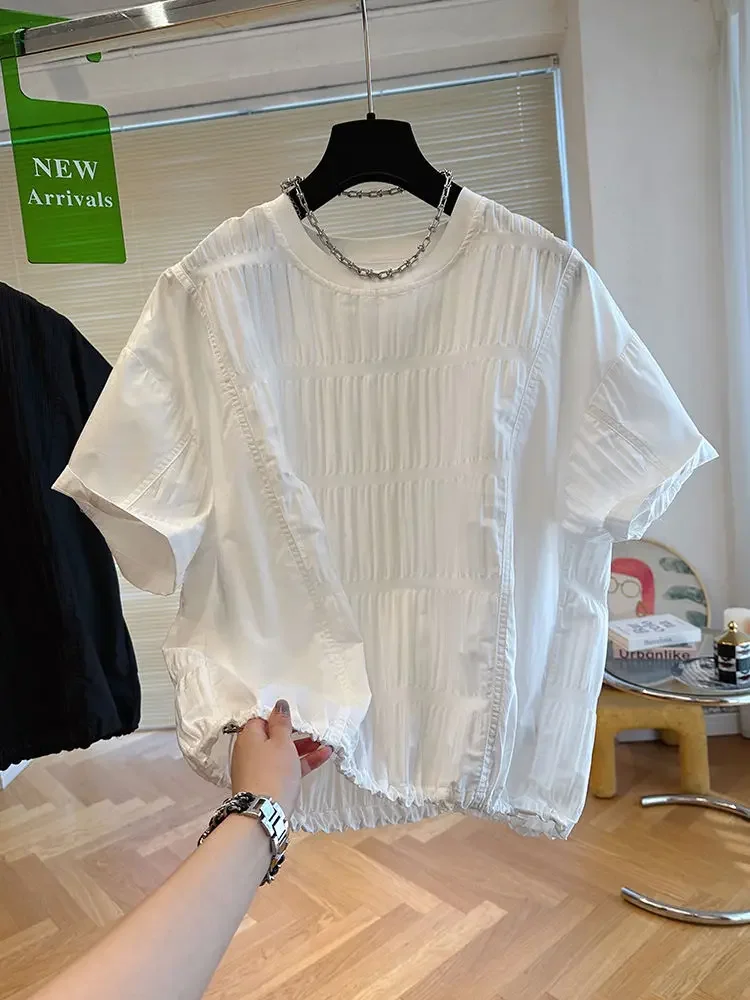 

Loose Casual Party T-Shirts Girls Tshirts Short Korean Vintage Solid Color Tops for Women White Doll Shirts Pleat Blouse Blusas