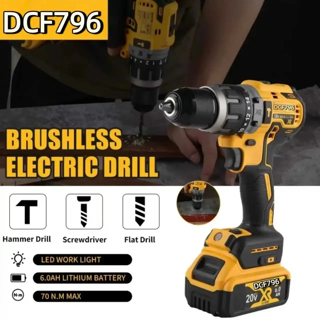 

Бесщеточная ударная дрель DEWALT DCD796, многофункциональный перезаряжаемый портативный электроинструмент, совместимый с аккумулятором 20В для бесщеточных дрелей Dewalt