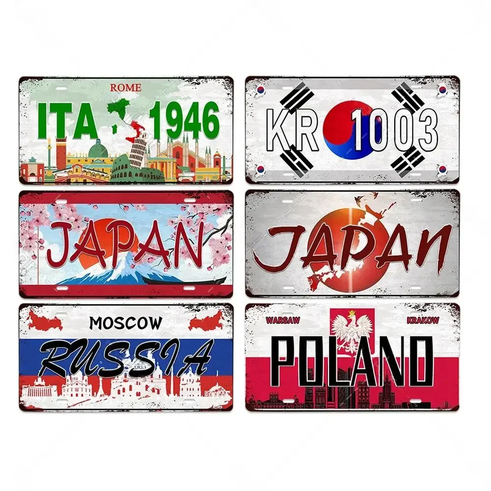 Retro License Plate Various Regions Metal Signs Posters Decor Italy Brazil Japan Poland Korea Ireland Bar Garage Plaque