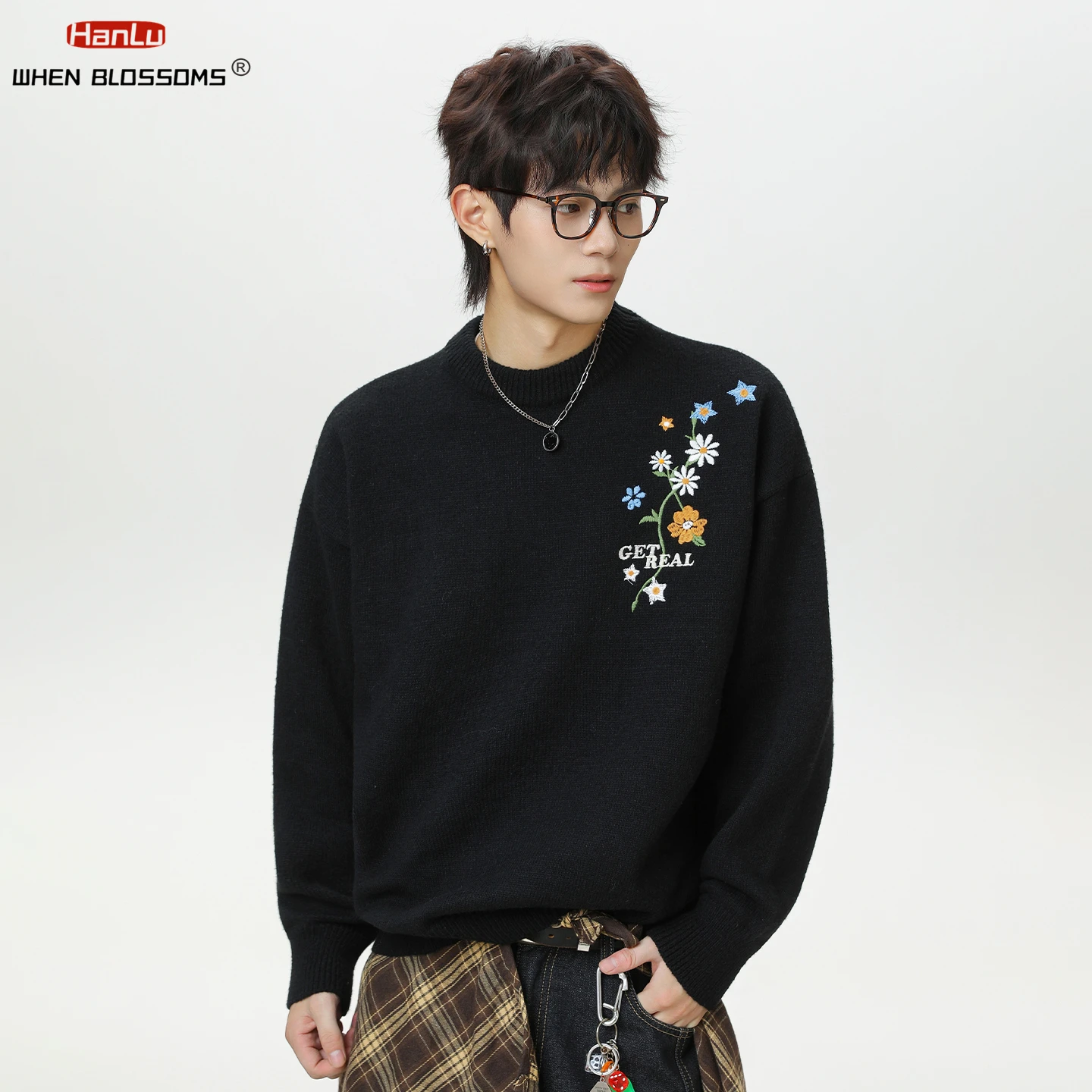 Hanlu 2025 Men's Floral Embroidered Sweater Japanese Oversized Knitwear Heavyweight Warm Pullover Casual Fall Winter Coat