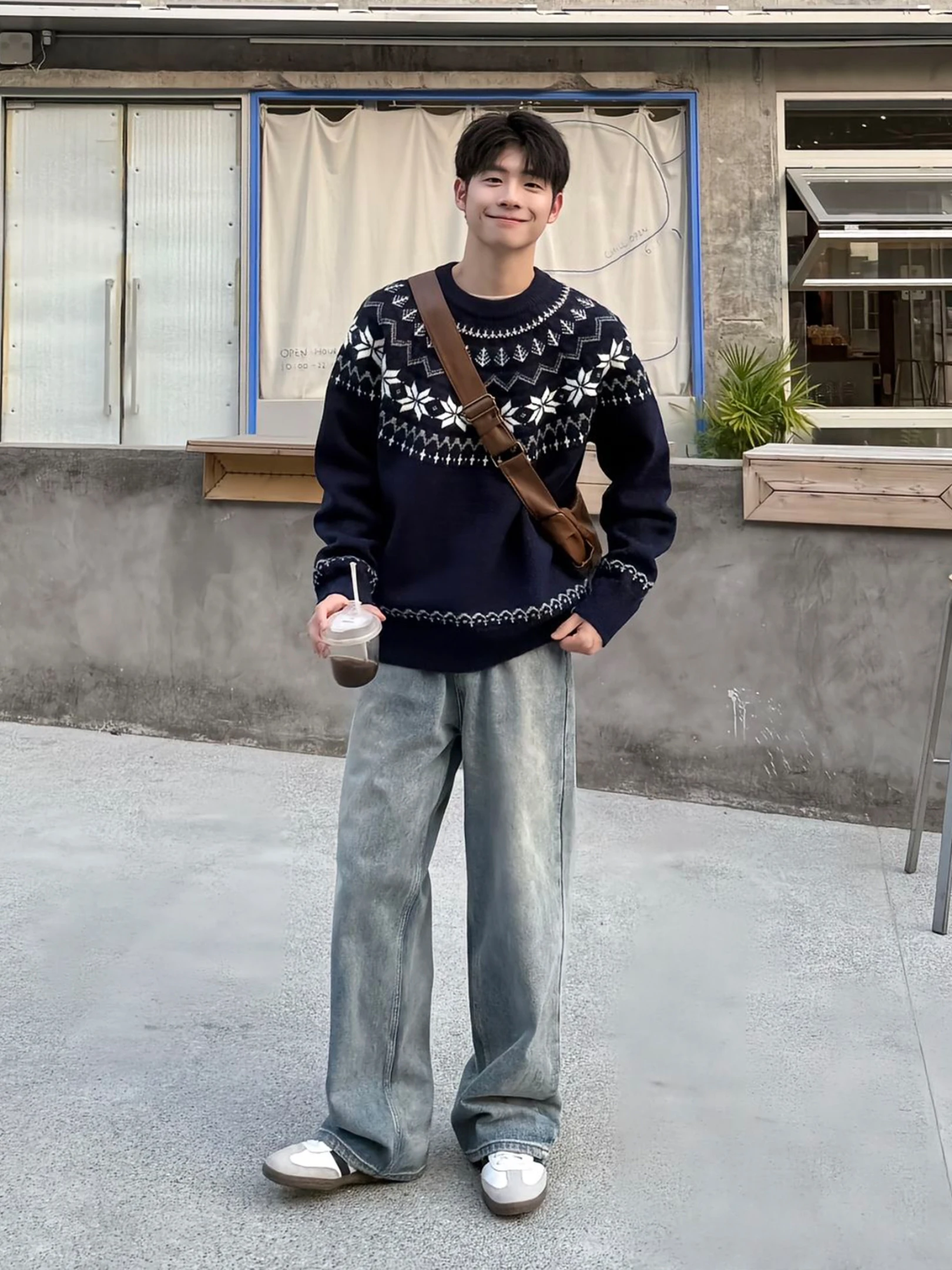 

Мужской свитер с круглым вырезом, мягкий, удобный, с островным узором, повседневный, для пар, с длинными рукавами, свободного кроя