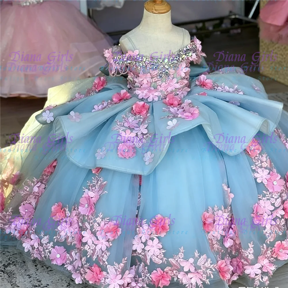 

Quality Luxury Flower Girl Dress BLue Tulle Fluffy Quality Flowers Applique for Wedding Princess Birthday Party Evening Gowns