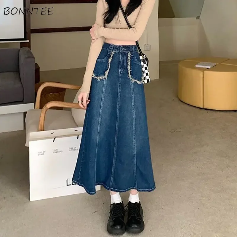 

S-3XL Denim Midi Skirts Women A-line Vintage Y2k Clothes High Waist Temper Streetwear Fashion American Classical Faldas Largas