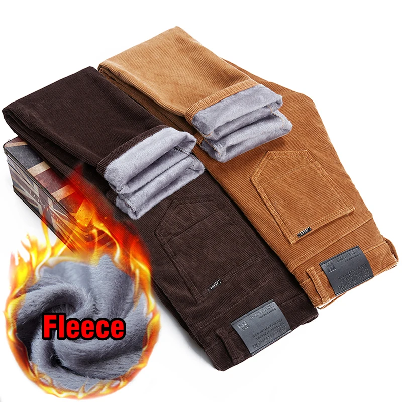 4 Colors Winter Men's Warm Casual Pants Classic Style Fleece Thickened Corduroy Business Trousers Male Brand Clothing