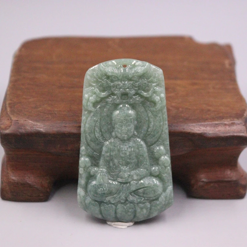 

Natural Grade A Jade Jadeite Men Women Lucky Carved Dragon Lotus Buddha Oblong Pendant