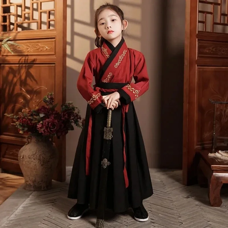 

Водные платья в китайском стиле Huamulan Hanfu, детские красные, черные, древние костюмы Wuxia для мальчиков и девочек, одежда для выступлений, весна-осень