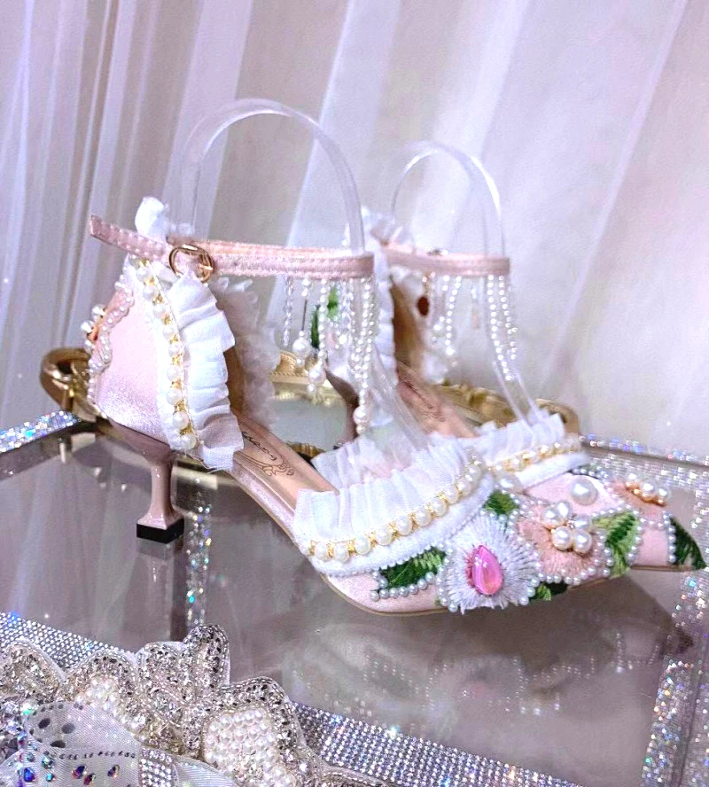 

Sweet Woolen Flower with Pearl High Heels sandals Woman Beads Tassel Ankle Strap Pointed Toe Cup Heels Pink Wedding Pump Shoes