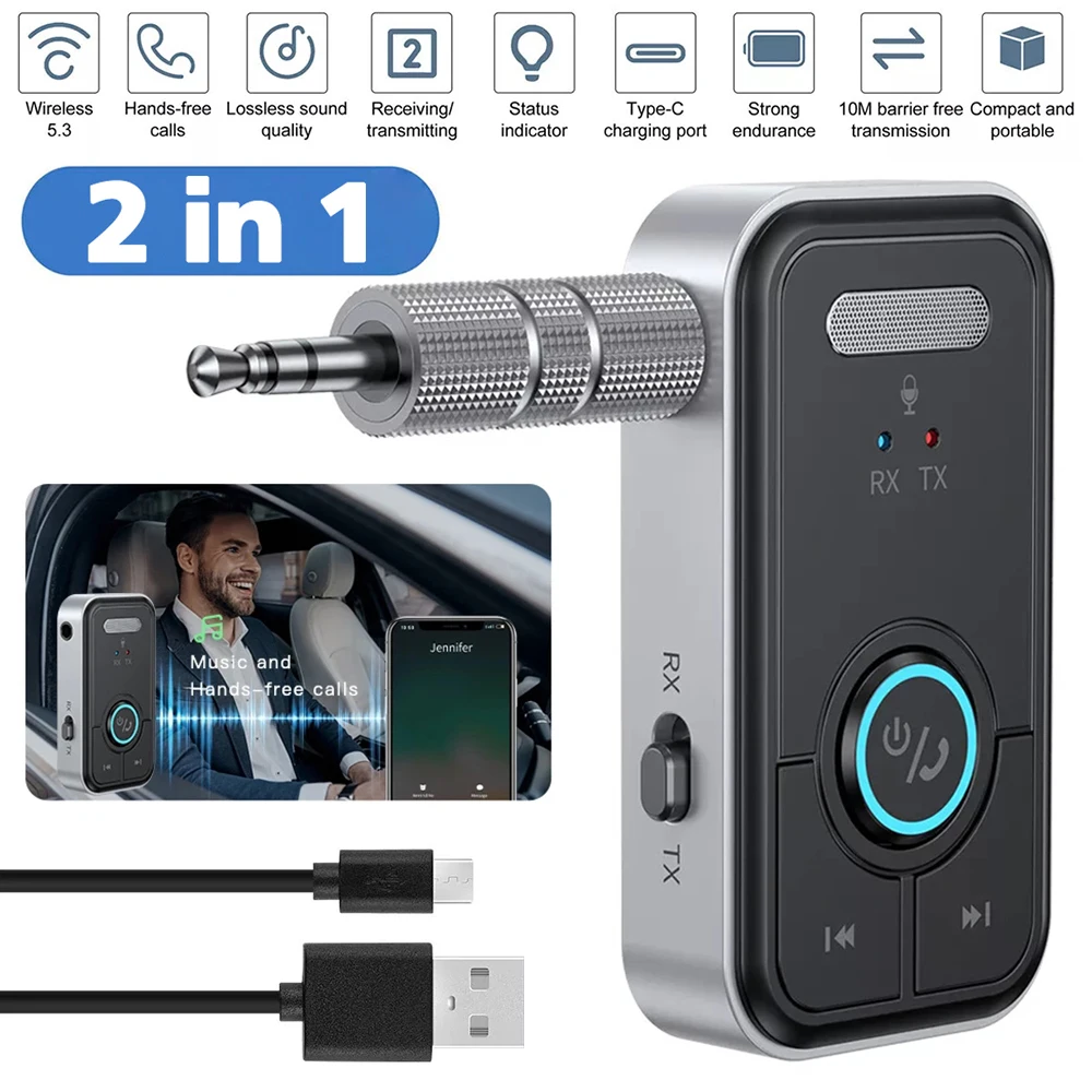 2 In 1 Wireless Bluetooth 5.3 Receiver Transmitter 3.5mm Jack Car AUX Stereo Audio Adapter for Car Earphones TV Speakers PC