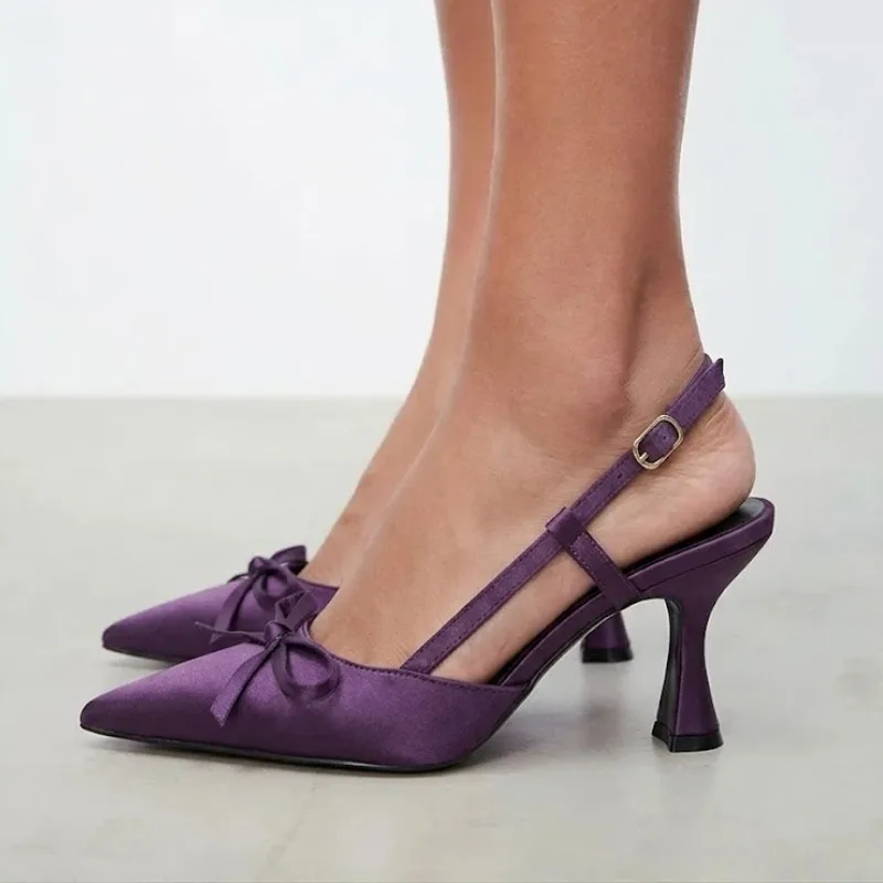Women's Elegant Purple Satin Pointed Toe Bow Slingback Block Heel Pumps Ankle Strap Buckle Party Dress Summer Shoes 2026