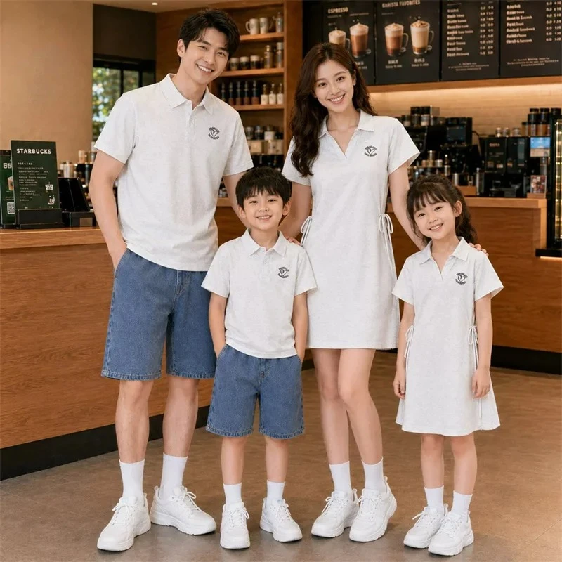 Family Matching Outfit Father Son Polo Shirt Mother Daughter Grey Tie Dye Dress Couple Daily Casual Parent Child Summer Clothing