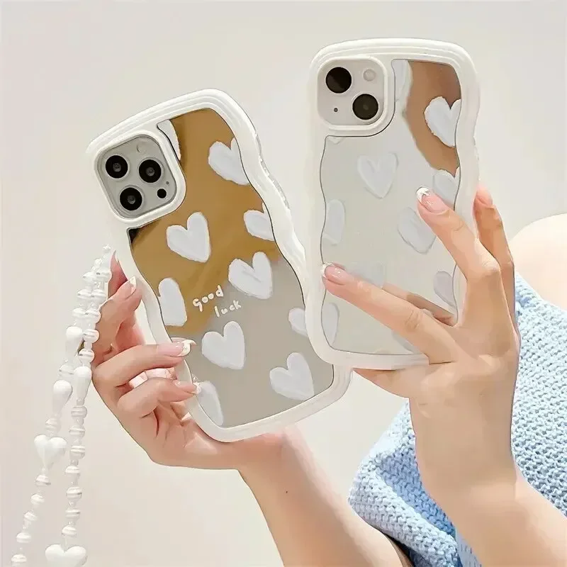 White Heart Mirror Chain Case for IPhone 14 Promax 131211 Mobile Phone Shell Xr Soft Xs Women