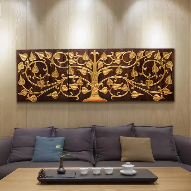 Thai Bodhi Tree Southeast Asia living room TV wall decoration painting triple solid wood three dimensional relief painting