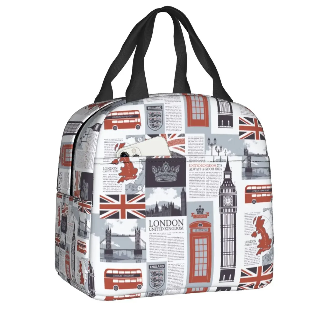 United Kingdom London Pattern Thermal Insulated Lunch Bag Women UK British Logo Portable Lunch Tote for School Food Bento Box