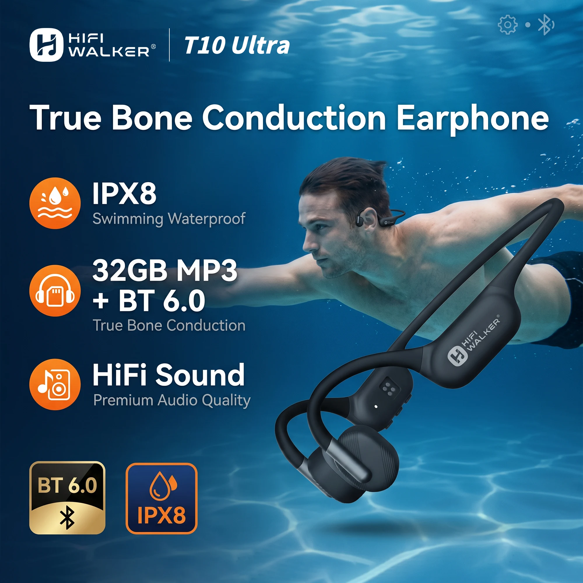 

Swimming Bone Conduction Headphones HiFi Walker T10 Ultra, IPX8 Waterproof Bluetooth MP3 Player 32GB Sport Earphones