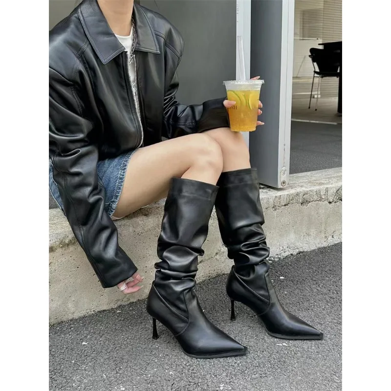 2024 Fall New Pointy Retro Pleated Leather Boots High Heels Sleeve Boots Pointy But Knee Boots Skinny Heel Pile Women\'s Boots