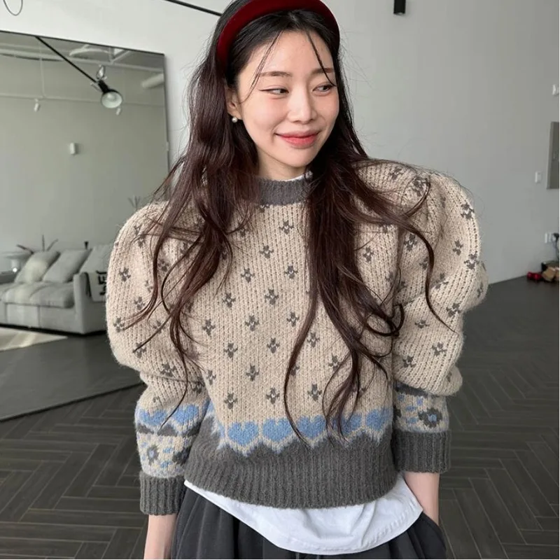 

Vintage Khaki Puff Sleeve Pullovers Sweaters Women Autumn Winter Hearted Pattern Knitted Crop Tops Female Full Sleeve