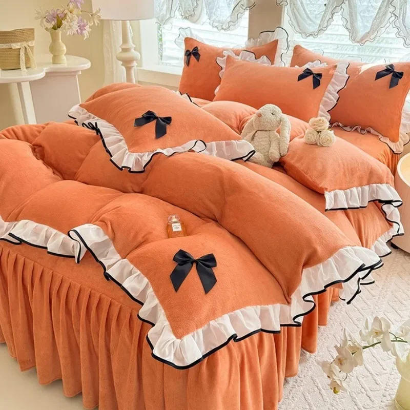 2025 new princess wind milk fleece bed skirt four-piece set autumn and winter Korean lace thickened warm quilt cover