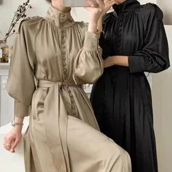 Elegant Korean Autumn Satin Turtleneck Long Clothes Chic Fashion Women Single Breasted Lantern Sleeve Lace Up Belt Dress Robe