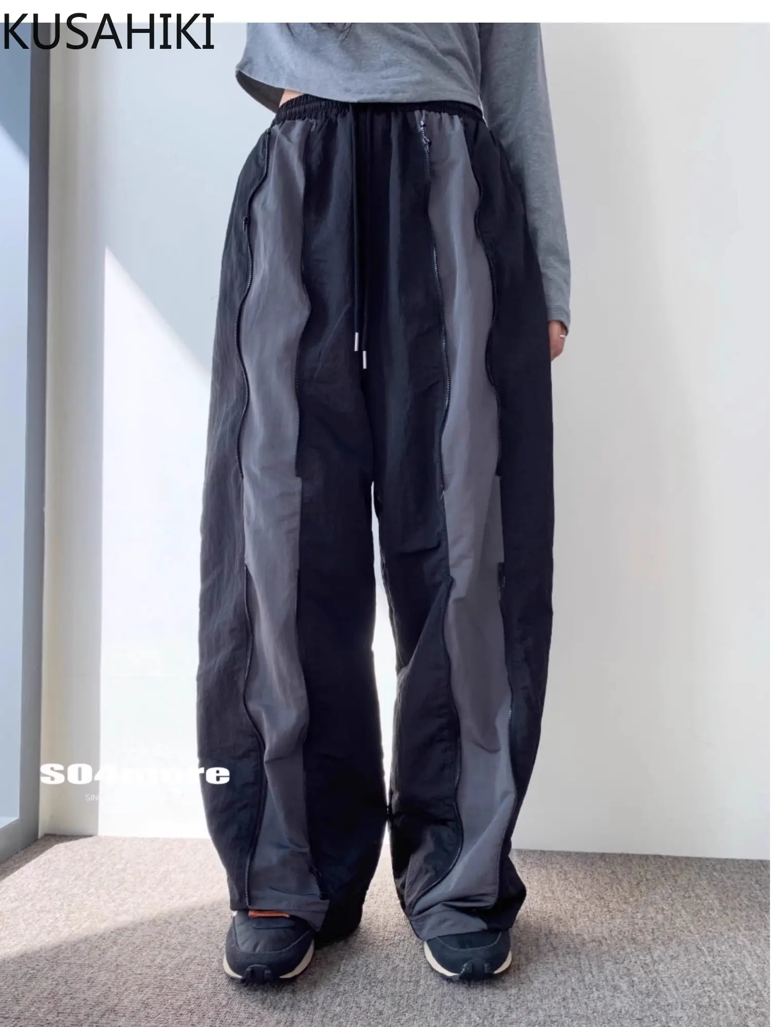 

KUSAHIKI Korean Version of Niche Design with Zipper Splicing Color Blocking Autumn Winter Nylon Causal Straight Leg Long Pants