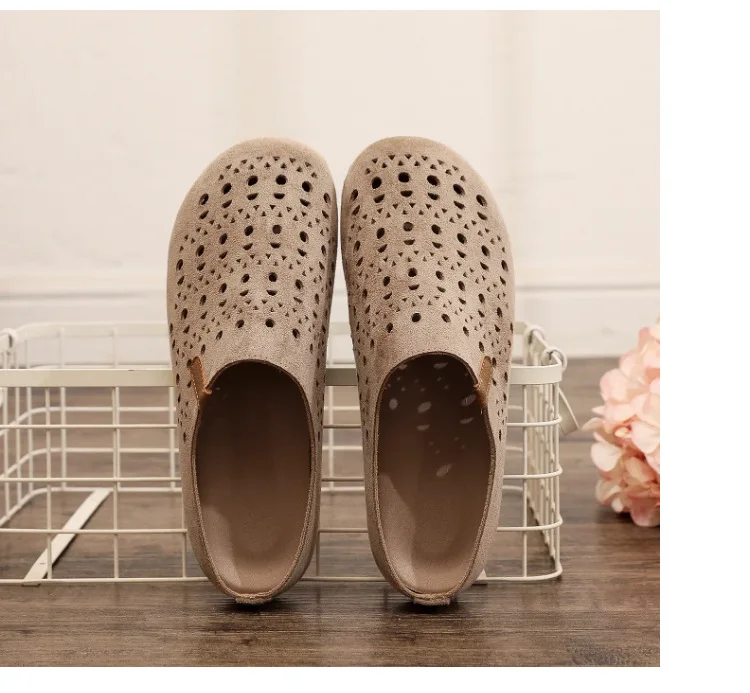 Damen-Mules mit Aussparungen, Clogs, Sommer, atmungsaktiv, geschlossene Zehenpartie, flache, rückenfreie Slipper, Wildleder, Slip-On, lässige Outdoor-Schuhe – Detail 12
