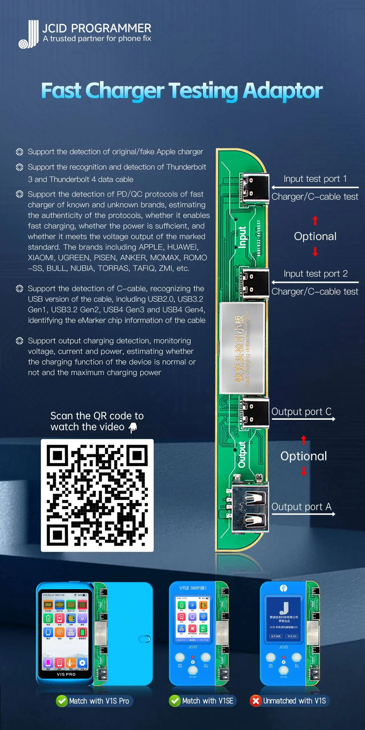 JC V1SE V1S PRO Fast Charger Testing Adaptor For Check the Authenticity of Apple Charger  C Cable Test Charging Data Monitoring