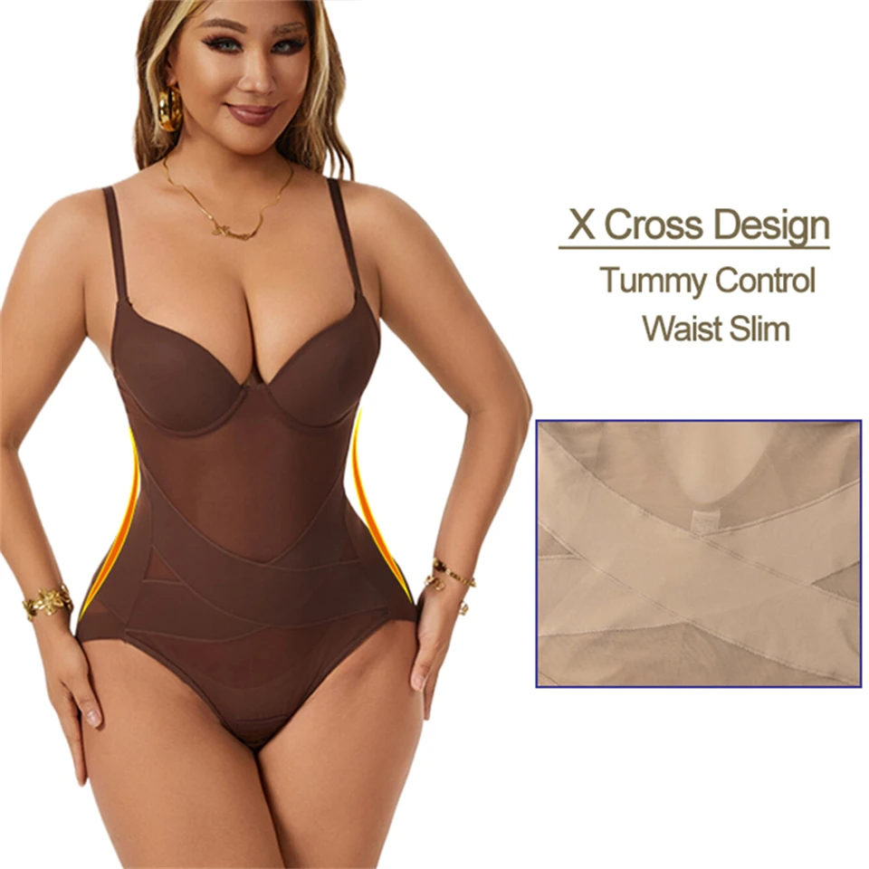 Becirzet Damen-Unterwäsche aus atmungsaktivem Mesh-Material, Bodysuits mit X-Form zur Bauchkontrolle, schlankmachende Shapewear. – Detail 4